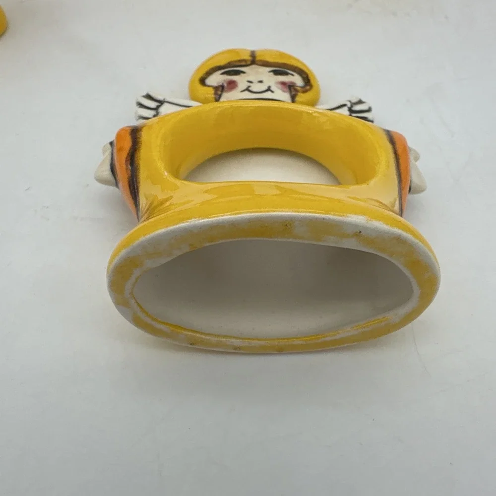 Set‎ of 6 Hand Painted Ceramic Angel Napkin Holder Rings Vintage 1970s Cherubs